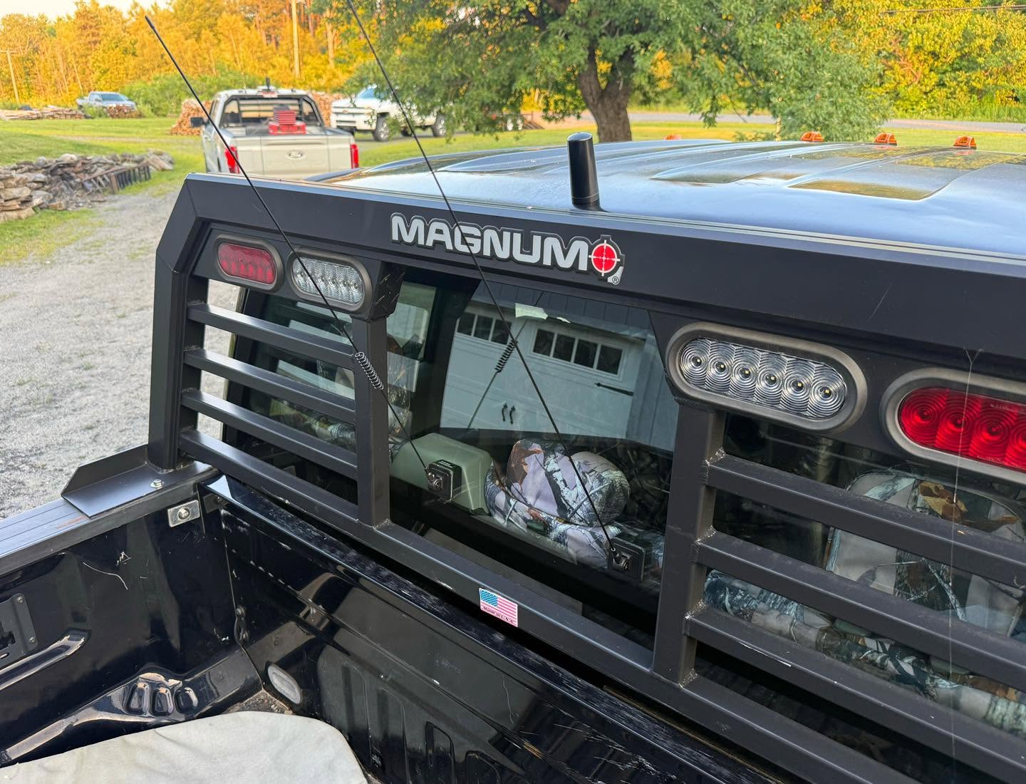 Truck headache rack fitted with communication antennas at sunset